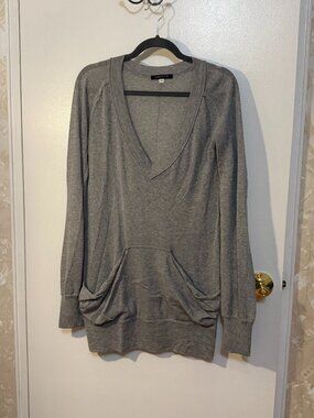 Patrizia Pepe Firenze Gray V-Neck Tunic Sweater, Kangaroo Pocket